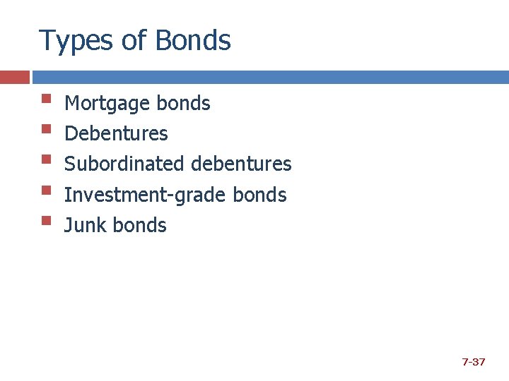 Types of Bonds § § § Mortgage bonds Debentures Subordinated debentures Investment-grade bonds Junk