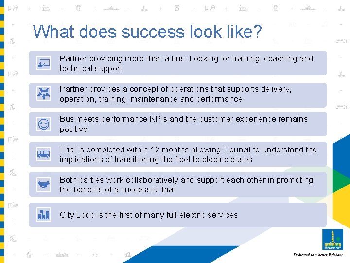 What does success look like? Partner providing more than a bus. Looking for training,