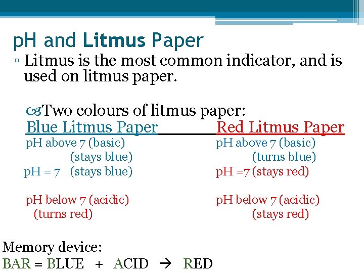 p. H and Litmus Paper ▫ Litmus is the most common indicator, and is