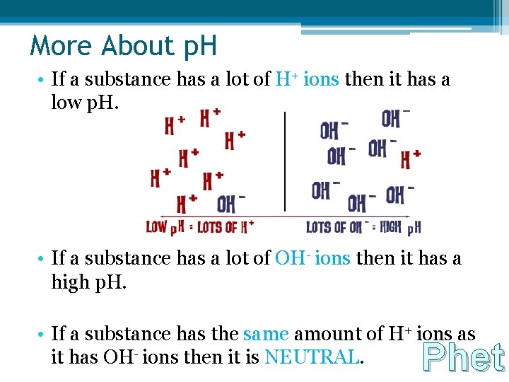 More About p. H • If a substance has a lot of H+ ions