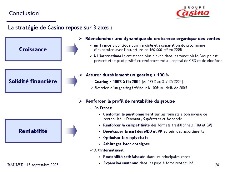Conclusion La stratégie de Casino repose sur 3 axes : Ø Réenclencher une dynamique
