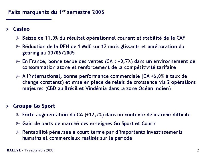 Faits marquants du 1 er semestre 2005 Ø Ø Casino P Baisse de 11,