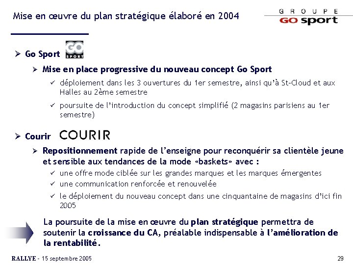 Mise en œuvre du plan stratégique élaboré en 2004 Ø Go Sport Ø Mise