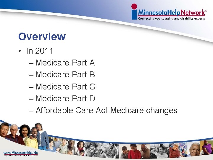 Overview • In 2011 – Medicare Part A – Medicare Part B – Medicare