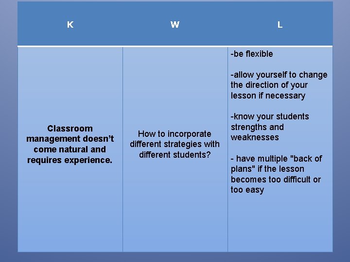 K W L -be flexible -allow yourself to change the direction of your lesson