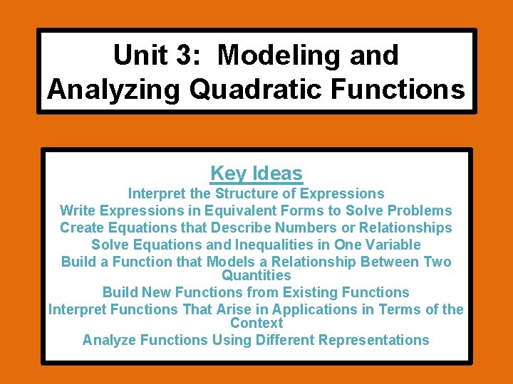 Unit 3: Modeling and Analyzing Quadratic Functions Key Ideas Interpret the Structure of Expressions