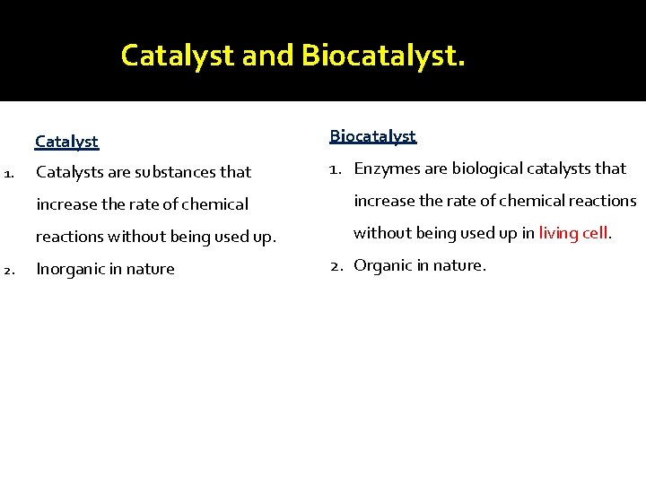 Catalyst and Biocatalyst. 1. 2. Catalyst Biocatalyst Catalysts are substances that 1. Enzymes are