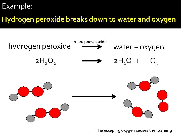 Example: Hydrogen peroxide breaks down to water and oxygen hydrogen peroxide 2 H 2