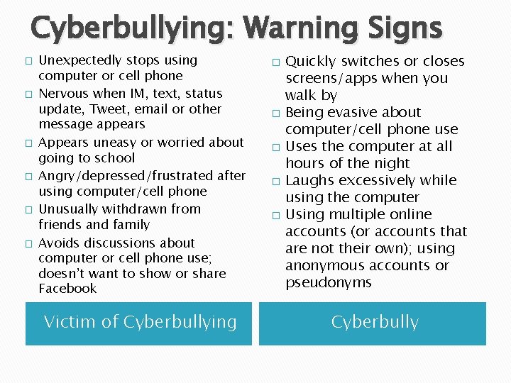 Cyberbullying: Warning Signs � � � Unexpectedly stops using computer or cell phone Nervous