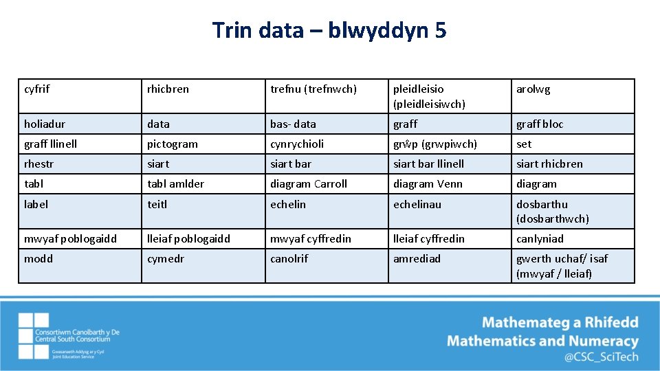 Trin data – blwyddyn 5 cyfrif rhicbren trefnu (trefnwch) pleidleisio (pleidleisiwch) arolwg holiadur data