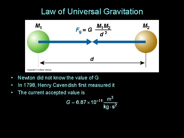 Law of Universal Gravitation • Newton did not know the value of G •
