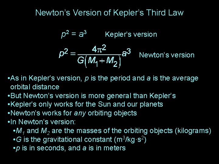 Newton’s Version of Kepler’s Third Law p 2 = a 3 Kepler’s version Newton’s