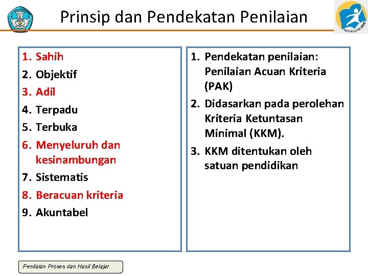 Prinsip dan Pendekatan Penilaian 1. Sahih 2. Objektif Prinsip 3. Adil 4. Terpadu 5.