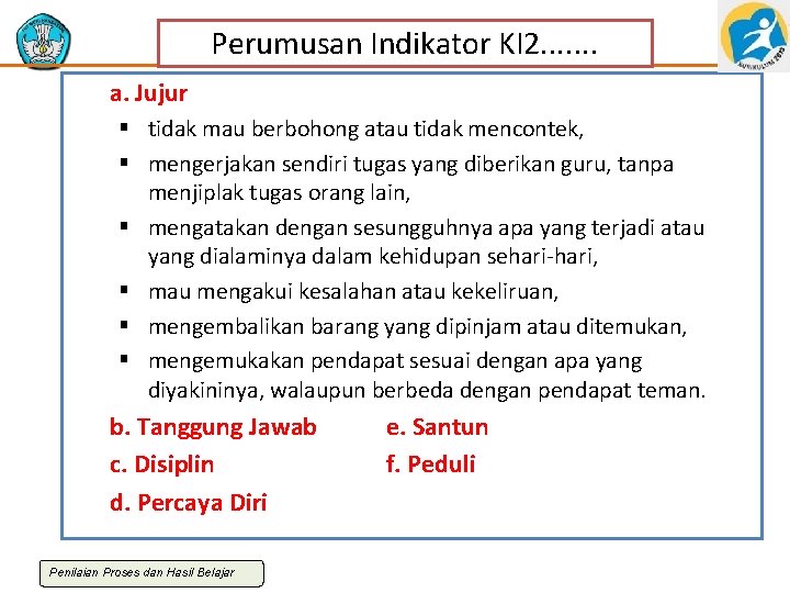 Perumusan Indikator KI 2. . . . a. Jujur § tidak mau berbohong atau