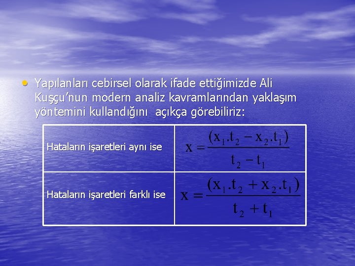  • Yapılanları cebirsel olarak ifade ettiğimizde Ali Kuşçu’nun modern analiz kavramlarından yaklaşım yöntemini