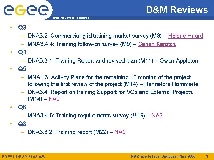 D&M Reviews Enabling Grids for E-scienc. E • Q 3 – DNA 3. 2: