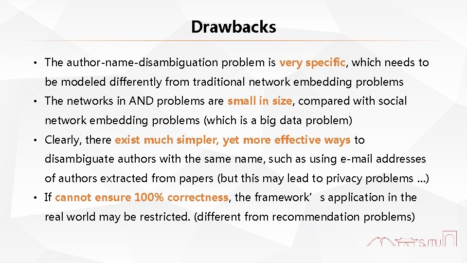 Drawbacks • The author-name-disambiguation problem is very specific, which needs to be modeled differently