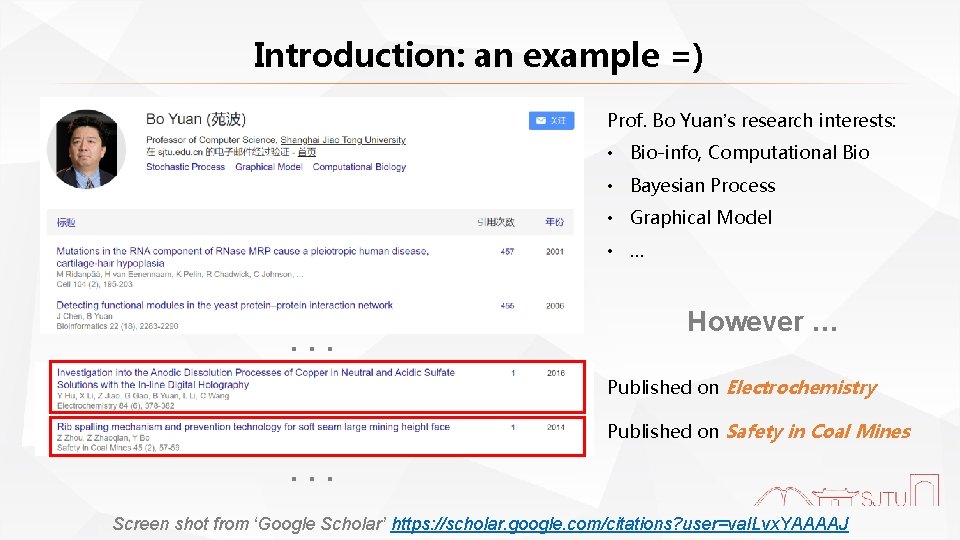 Introduction: an example =) Prof. Bo Yuan’s research interests: • Bio-info, Computational Bio •