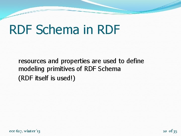 RDF Schema in RDF resources and properties are used to define modeling primitives of