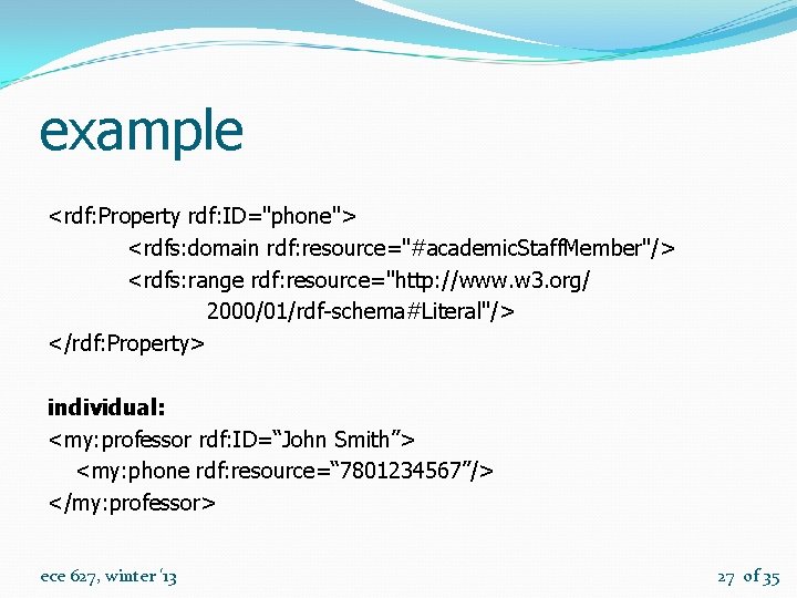 example <rdf: Property rdf: ID="phone"> <rdfs: domain rdf: resource="#academic. Staff. Member"/> <rdfs: range rdf: