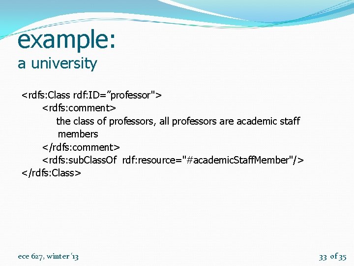 example: a university <rdfs: Class rdf: ID=”professor"> <rdfs: comment> the class of professors, all