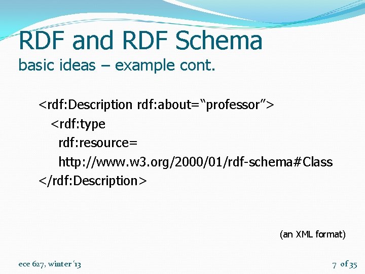 RDF and RDF Schema basic ideas – example cont. <rdf: Description rdf: about=“professor”> <rdf: