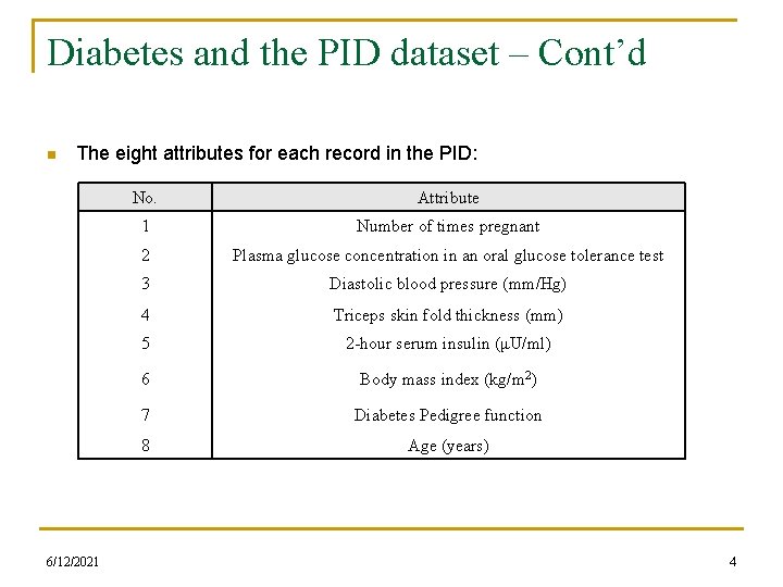 Diabetes and the PID dataset – Cont’d n The eight attributes for each record