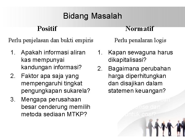 Bidang Masalah Positif Perlu penjelasan dan bukti empiris 1. Apakah informasi aliran kas mempunyai