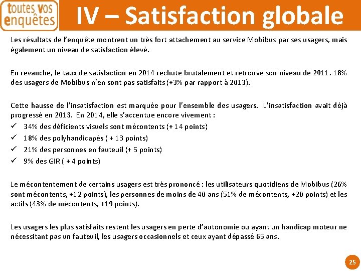IV – Satisfaction globale Les résultats de l’enquête montrent un très fort attachement au