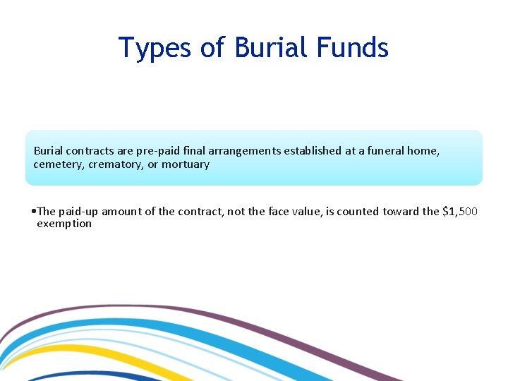 Types of Burial Funds Burial contracts are pre-paid final arrangements established at a funeral