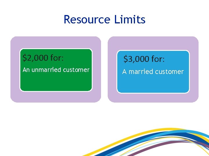 Resource Limits $2, 000 for: $3, 000 for: An unmarried customer A married customer