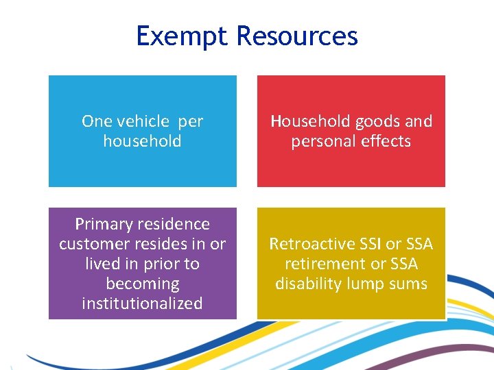 Exempt Resources One vehicle per household Household goods and personal effects Primary residence customer