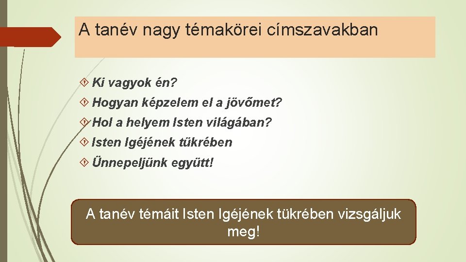 A tanév nagy témakörei címszavakban Ki vagyok én? Hogyan képzelem el a jövőmet? Hol