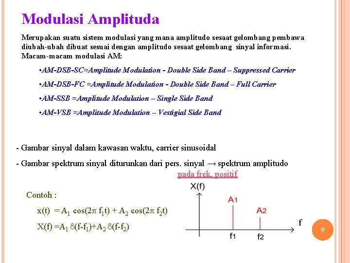 Modulasi Amplituda Merupakan suatu sistem modulasi yang mana amplitudo sesaat gelombang pembawa diubah-ubah dibuat