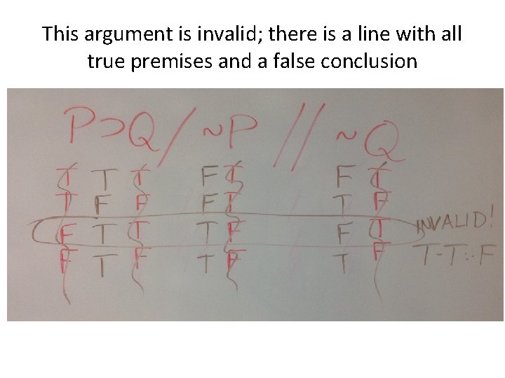 This argument is invalid; there is a line with all true premises and a