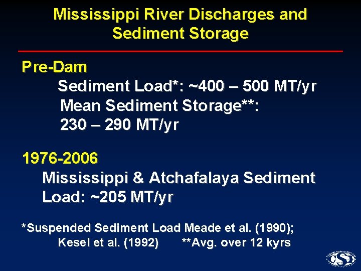 Mississippi River Discharges and Sediment Storage Pre-Dam Sediment Load*: ~400 – 500 MT/yr Mean