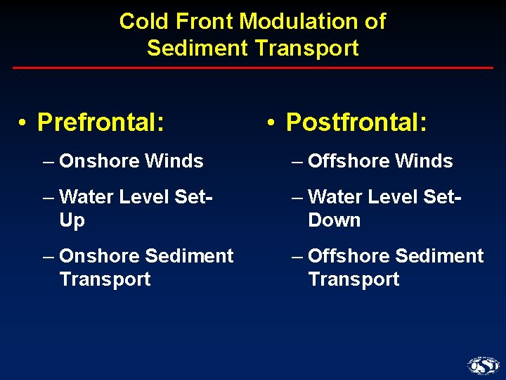 Cold Front Modulation of Sediment Transport • Prefrontal: • Postfrontal: – Onshore Winds –