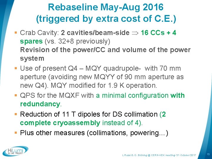 Rebaseline May-Aug 2016 (triggered by extra cost of C. E. ) § Crab Cavity: