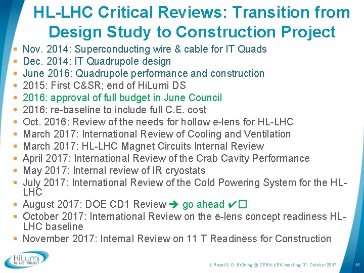 HL-LHC Critical Reviews: Transition from Design Study to Construction Project § § § Nov.