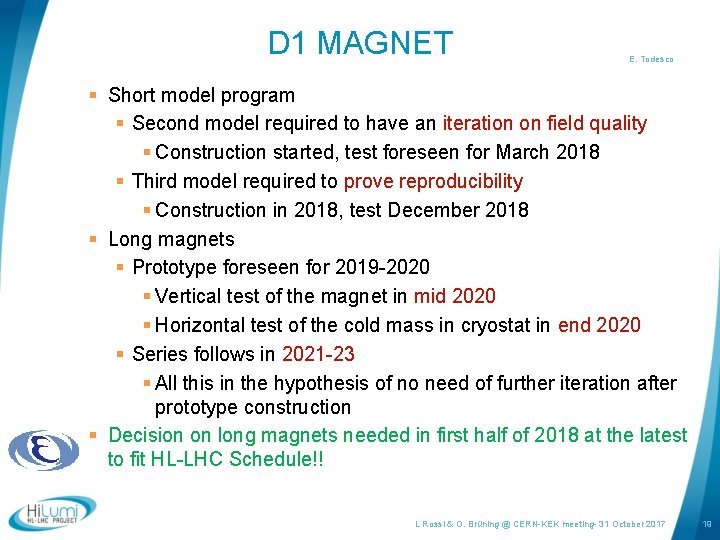 D 1 MAGNET E. Todesco § Short model program § Second model required to