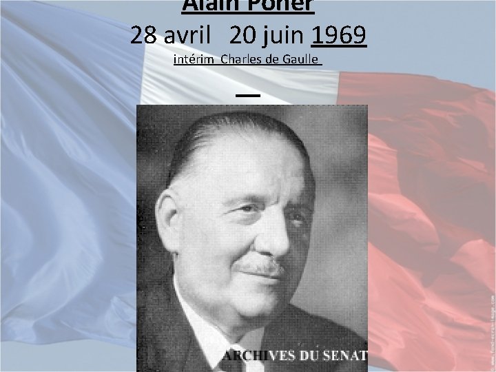 Alain Poher 28 avril 20 juin 1969 intérim Charles de Gaulle 