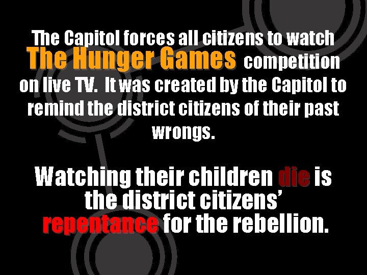 The Capitol forces all citizens to watch The Hunger Games competition on live TV.