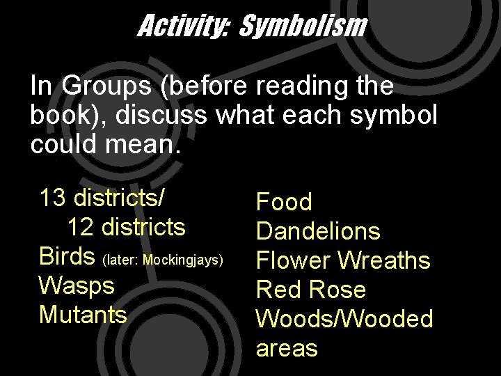 Activity: Symbolism In Groups (before reading the book), discuss what each symbol could mean.