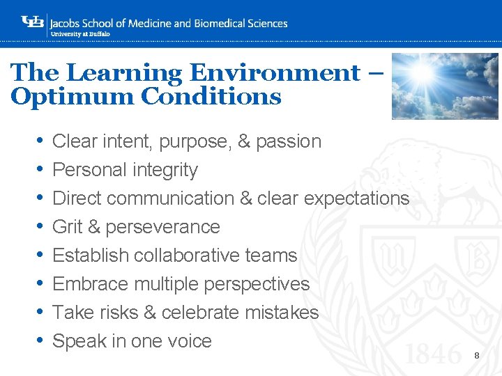 The Learning Environment – Optimum Conditions • • Clear intent, purpose, & passion Personal