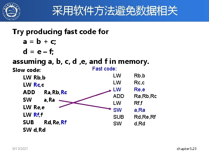 采用软件方法避免数据相关 Try producing fast code for a = b + c; d = e