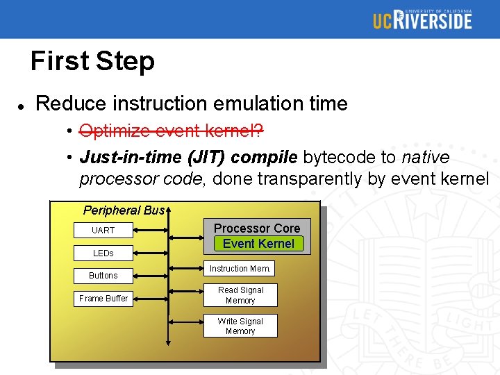 First Step Reduce instruction emulation time • Optimize event kernel? • Just-in-time (JIT) compile
