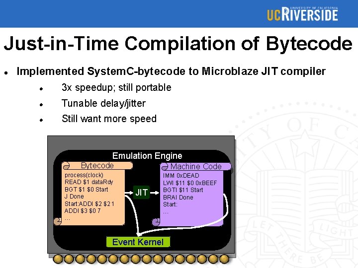 Just-in-Time Compilation of Bytecode Implemented System. C-bytecode to Microblaze JIT compiler 3 x speedup;