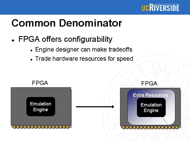 Common Denominator FPGA offers configurability Engine designer can make tradeoffs Trade hardware resources for
