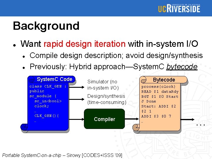 Background Want rapid design iteration with in-system I/O Compile design description; avoid design/synthesis Previously: