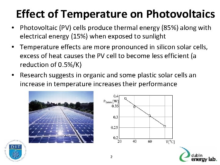 Effect of Temperature on Photovoltaics • Photovoltaic (PV) cells produce thermal energy (85%) along
